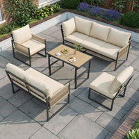 6-7 Seater Garden Furniture Set With Height Adjustable Rising Coffee Table, Corner Sofa With Polyester Rope, Weatherproof Outdoor Patio Dining Lounge Set For Balcony And Terrace, Beige