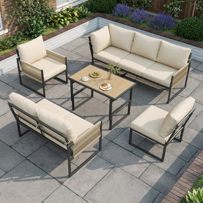 6-7 Seater Garden Furniture Set With Height Adjustable Rising Coffee Table, Corner Sofa With Polyester Rope, Weatherproof Outdoor Patio Dining Lounge Set For Balcony And Terrace, Beige
