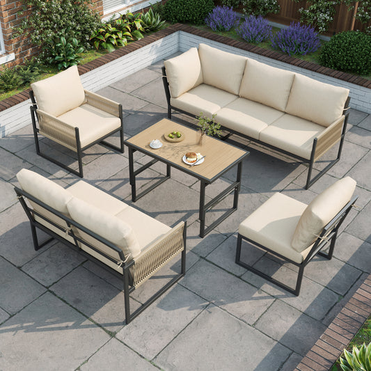 6-7 Seater Garden Furniture Set With Height Adjustable Rising Coffee Table, Corner Sofa With Polyester Rope, Weatherproof Outdoor Patio Dining Lounge Set For Balcony And Terrace, Beige