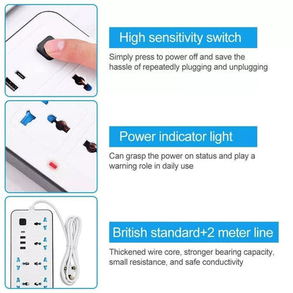 Extension Lead Cable Electric Mains Power 6 Gang Way 4 USB  Plug Socket