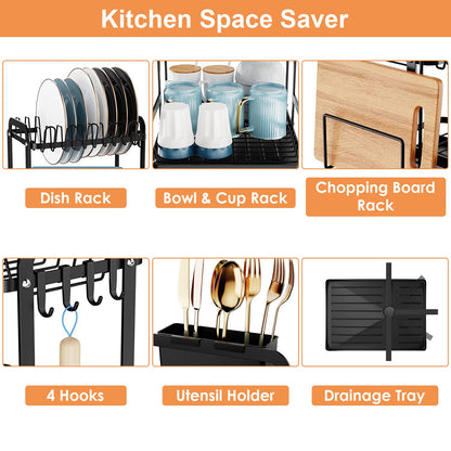 1Pc  2-Tier Dish Drying Rack For Kitchen Counter Space Saving Rustproof Dish Rack With Drainboard Detachable Kitchen Drainer Organizer Set With Utensil Holder Bowl Rack Dish Rack Chopping Board Rack