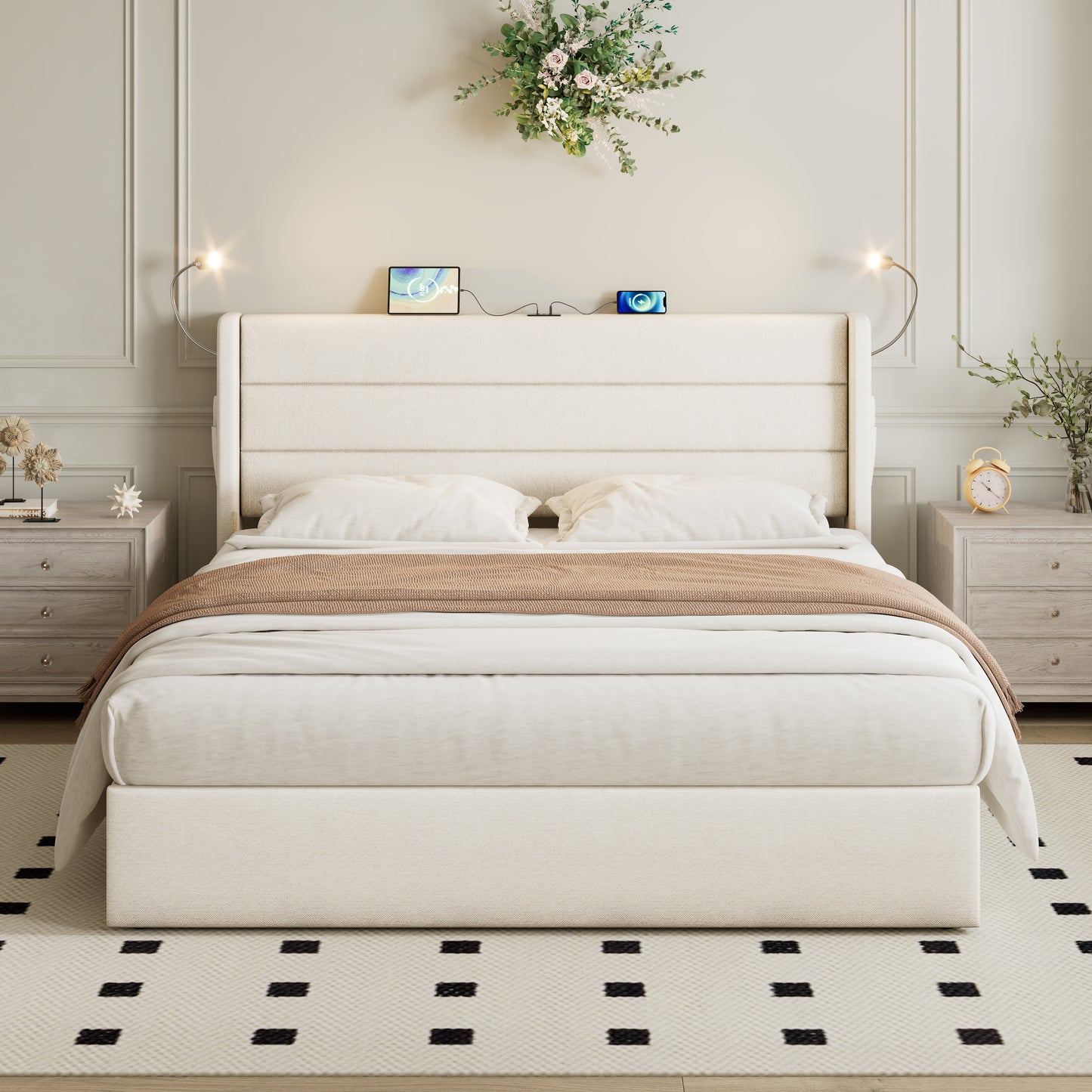 Double Upholstered Bed With Charging Station, Linen Hydraulic Storage Bed With Adjustable LED Reading Light, 4ft6 Double Bed With USB And Type - C Ports, Beige No Mattress