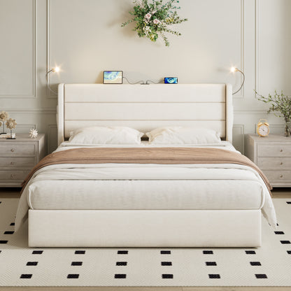 Double Upholstered Bed With Charging Station, Linen Hydraulic Storage Bed With Adjustable LED Reading Light, 4ft6 Double Bed With USB And Type - C Ports, Beige No Mattress