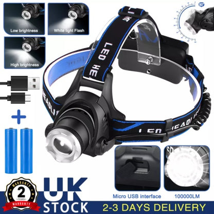 T6 Headlamp Rechargeable 350000LM LED Zoom Headlight Head Torch USB Line UK