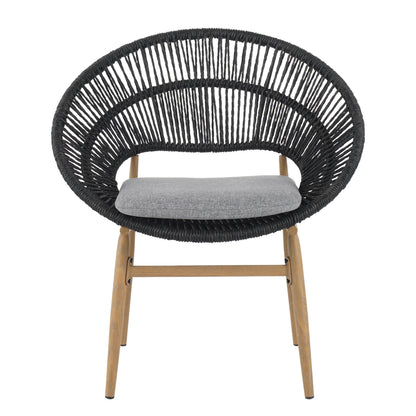Cyril Outdoor Wicker Papasan Style Dining Chair, Teak Finished Leg And Dark Gray Faux Rattan, Gray Cushion, Set Of 2