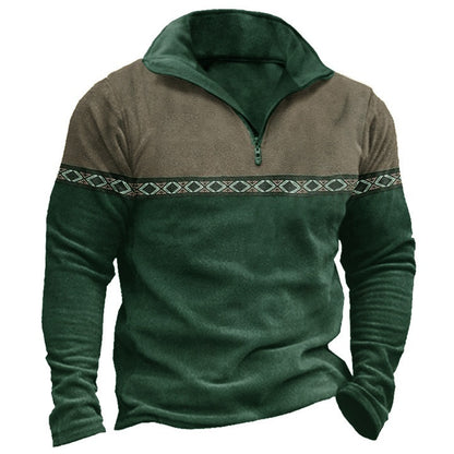 Retro Patchwork Polo Shirt Zipper Sweater Daily Outdoor Casual Top