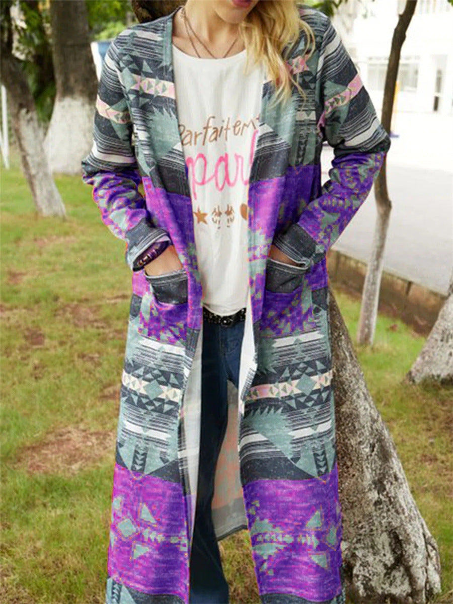 Geometric Print Cardigan Thickened Large Size Slim And Long Trench Coat