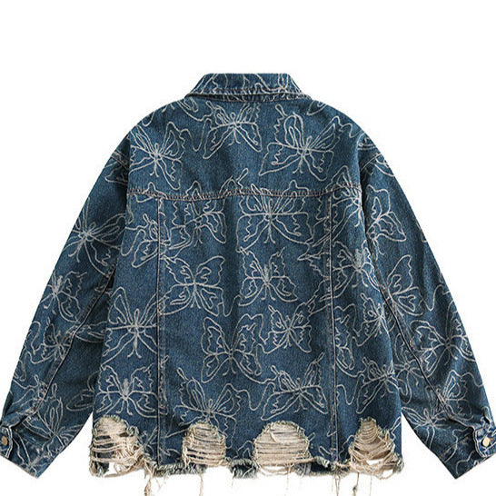 Japanese-style Vintage Washed Frayed-edge Distressed Denim Jacket