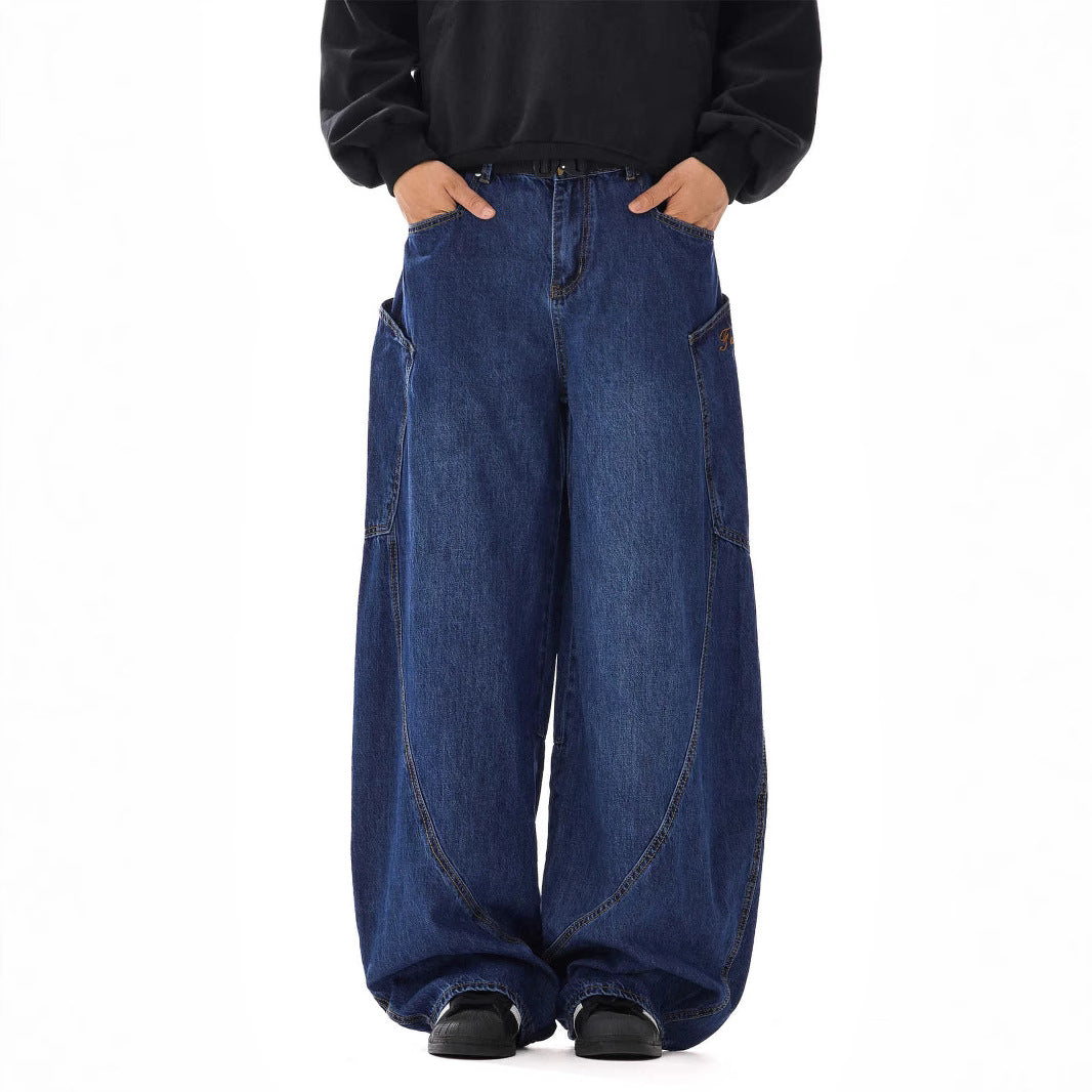 American-style Vintage Design Scimitar Workwear Jeans For Men And Women
