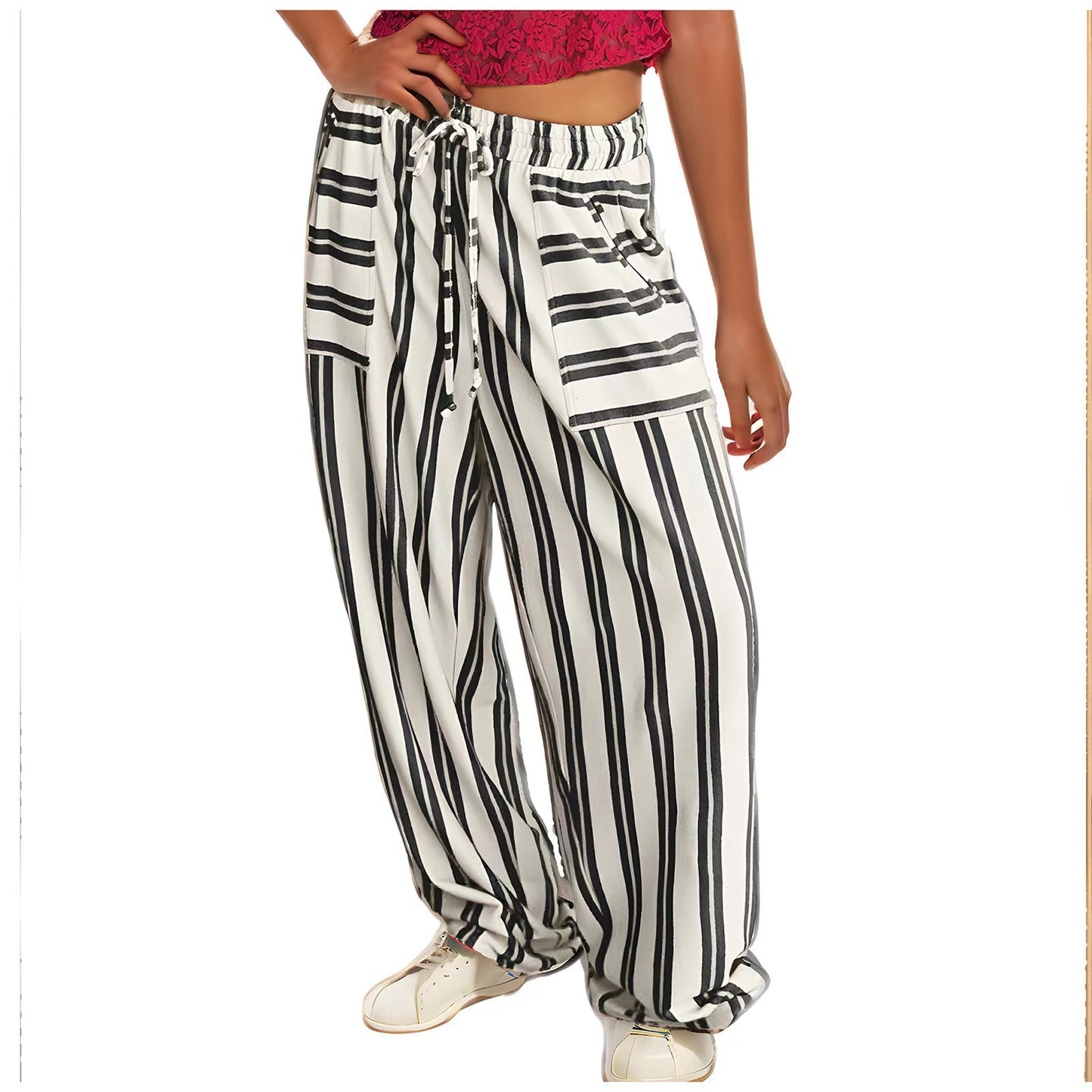 Drawstring High Waist Casual Belt Pocket Women