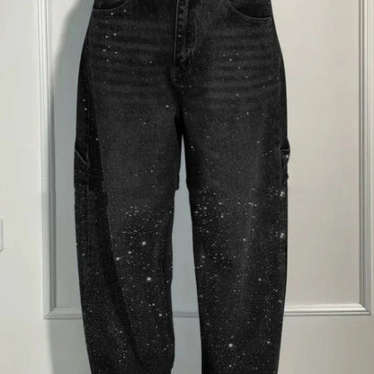 Ins Shiny Straight Jeans With Pockets Fashion Loose Wide-leg Pants For Women Street-style Trousers