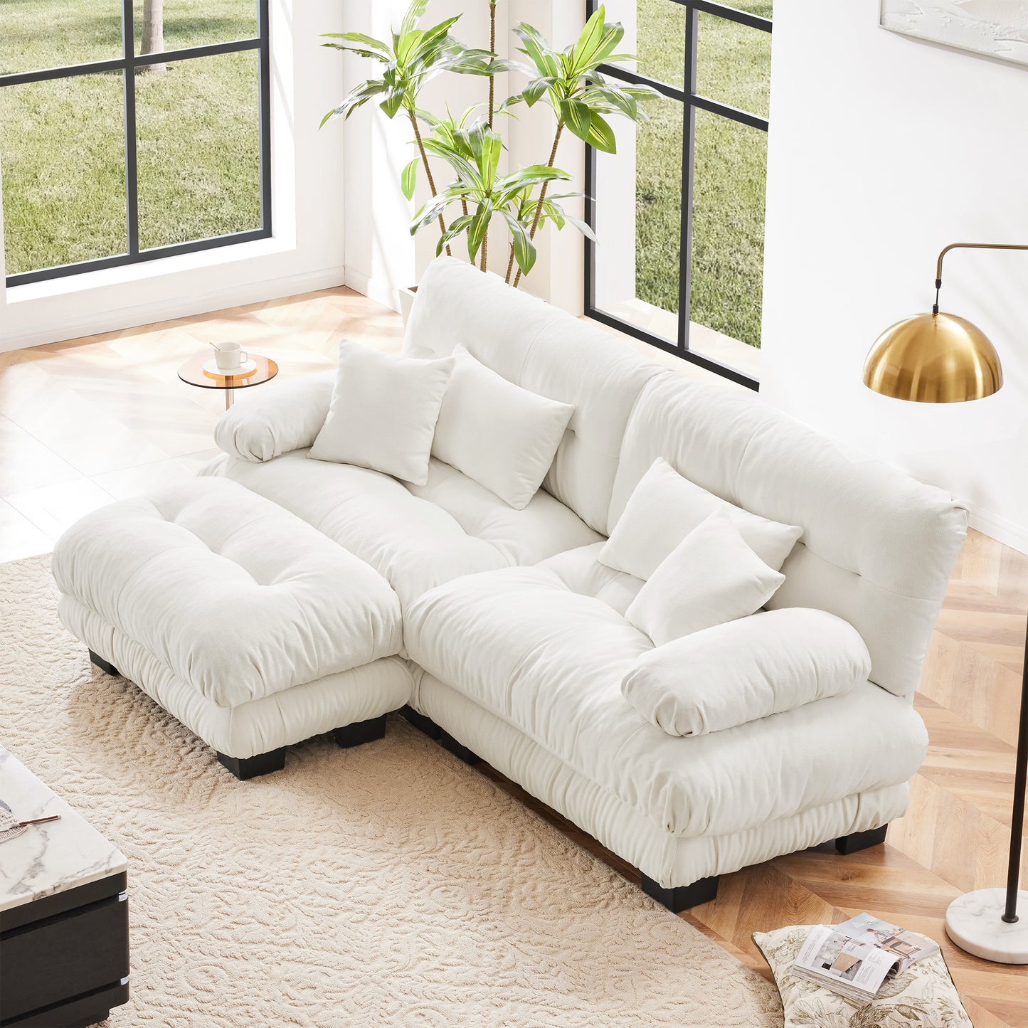 Cloud Couch Sectional Sofa For Living Room, Chenille 2 Seater Sofa With 2 Lumbar Pillows And 2 Throw Pillows , Upholstered Wide Arm Sofa With Convertible Ottoman,Chenille White