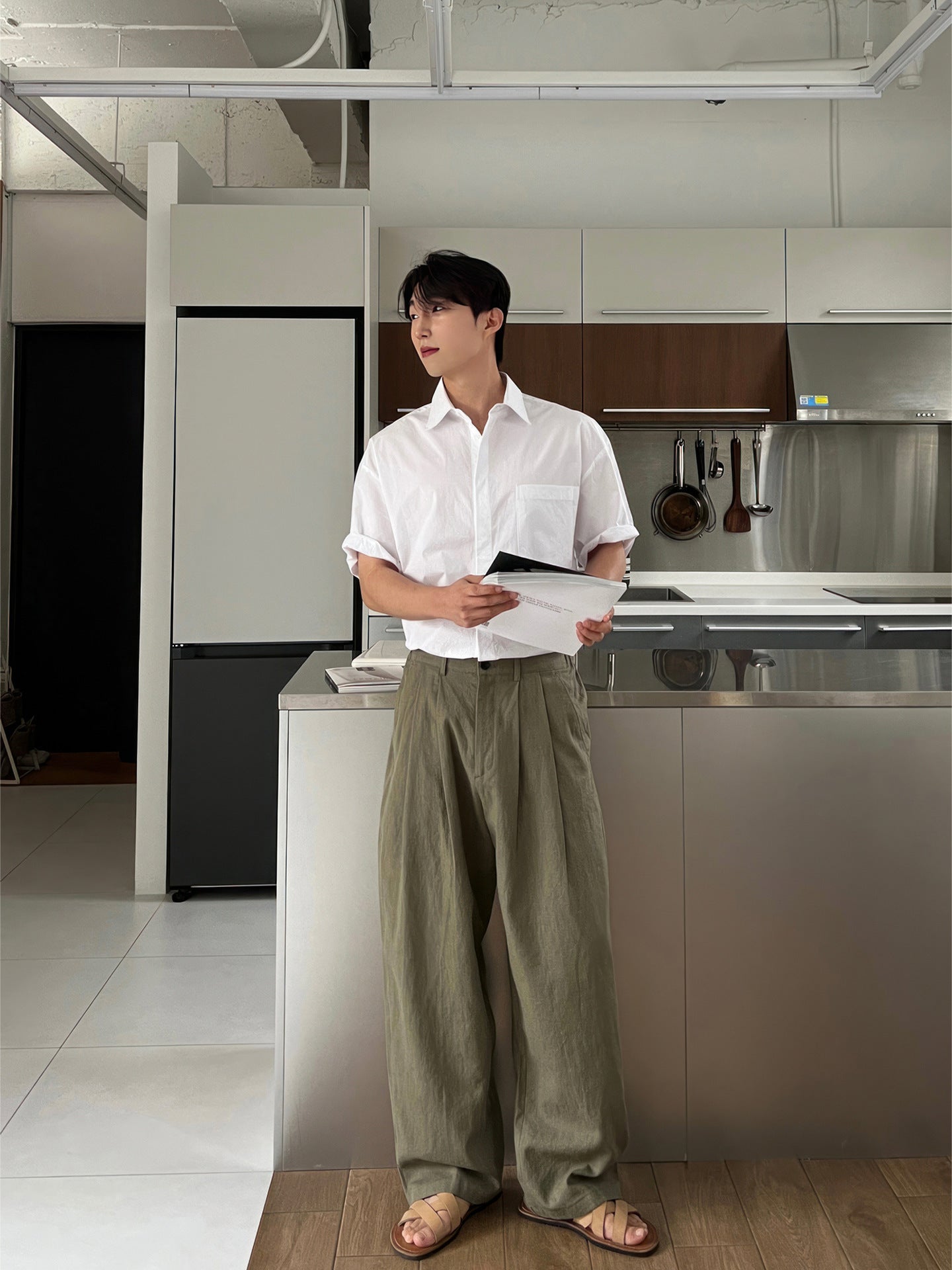 Army Green Linen Leisure Trousers Men's Japanese
