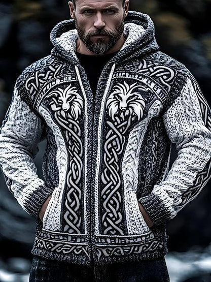 Men's Zippered Dual Pocket Casual Printed Hoodie