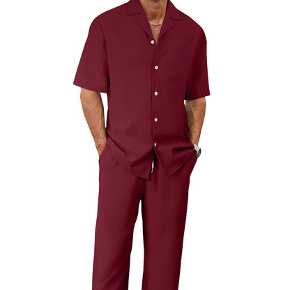 Men's Trousers Suit Fashion Lapel Button Short Sleeve Shirt And Pocket Straight Pants Clothing
