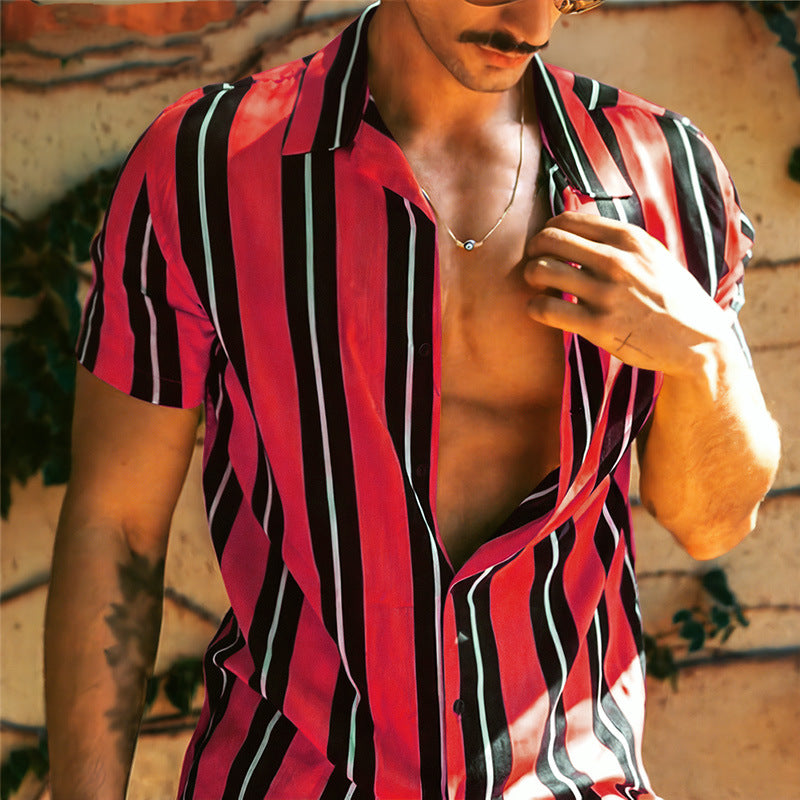 Printed Hawaiian Style Simple Striped Lapel Mens Shirt