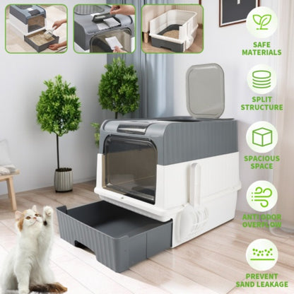 Grey Large Cat Litter Box Cat Pan Drawer Anti-Splashing Cat Potty Tray Cleaning