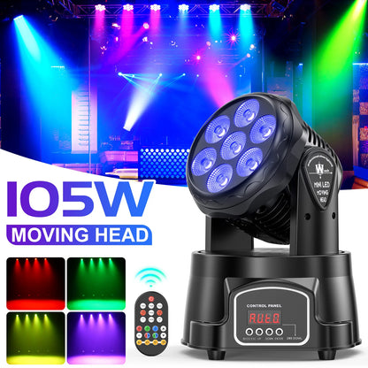 7x15W LED Moving Head Light 4 IN 1 RGBW Professional Stage Effect Wash Light for Disco DJ Party Music Dance Club 9/14CH DMX512