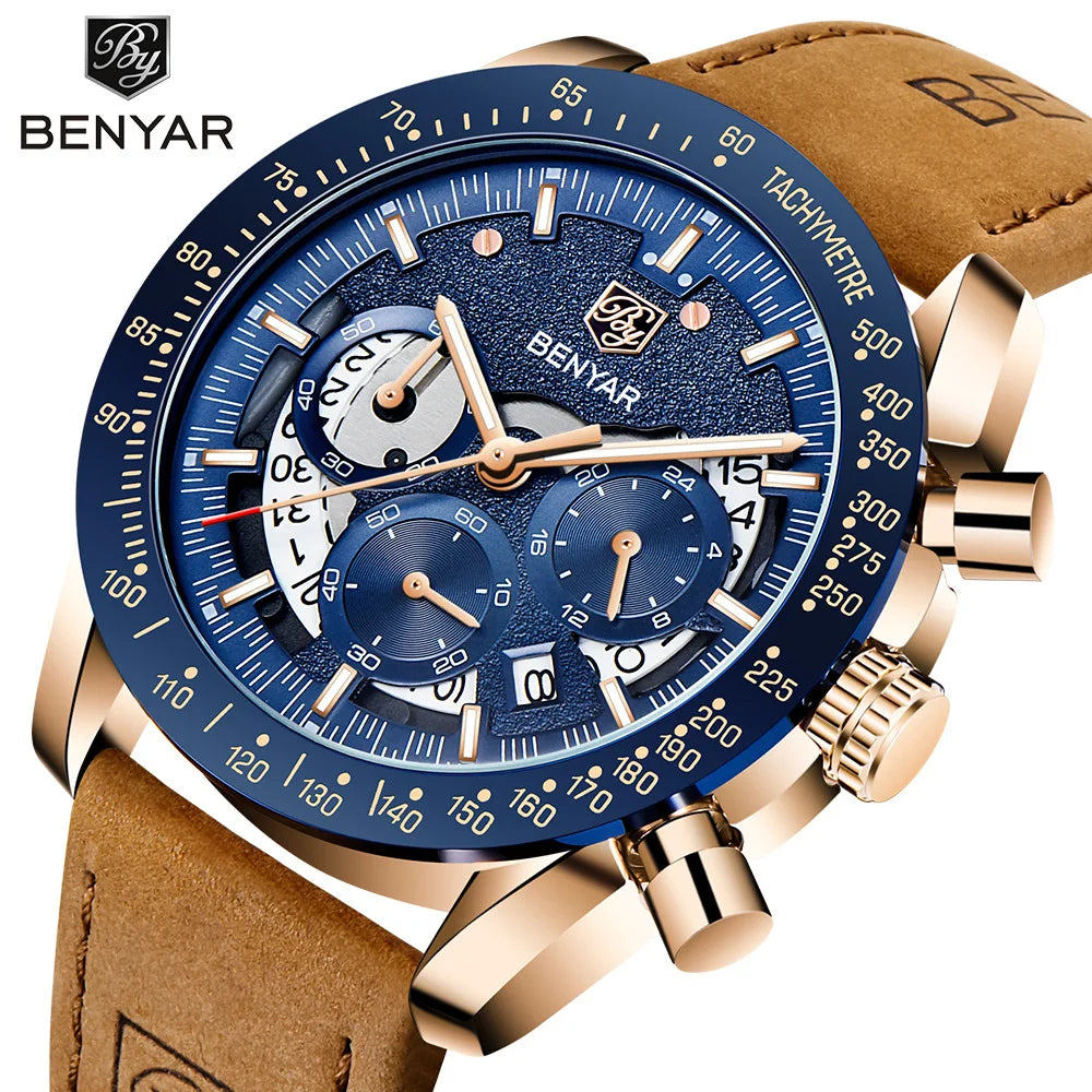 BENYAR Logo Watch 5120 Fashion Blue Genuine Leather Business Watches Men Wrist New Quartz Man Date Clock Relogio Masculino-0