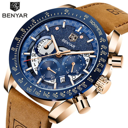 BENYAR Logo Watch 5120 Fashion Blue Genuine Leather Business Watches Men Wrist New Quartz Man Date Clock Relogio Masculino-0