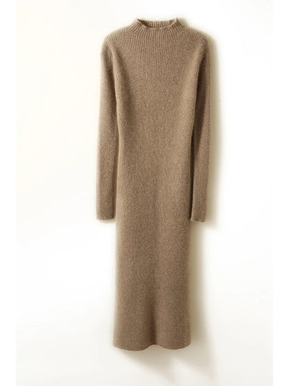 LONGMING Women Knitted Dress 100% Wool Sweater Dress Autumn Winter Slim Knit Maxi Long Sweater Dress Lady Pullover Dresses Solid
