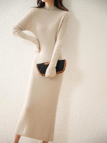 LONGMING Women Knitted Dress 100% Wool Sweater Dress Autumn Winter Slim Knit Maxi Long Sweater Dress Lady Pullover Dresses Solid
