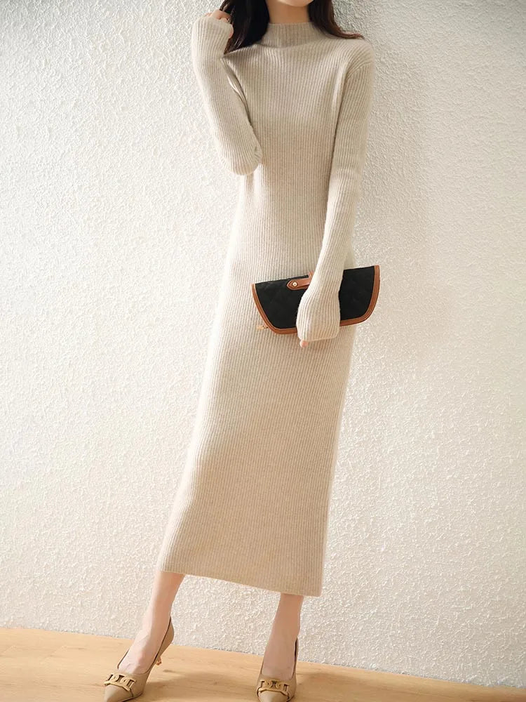 LONGMING Women Knitted Dress 100% Wool Sweater Dress Autumn Winter Slim Knit Maxi Long Sweater Dress Lady Pullover Dresses Solid