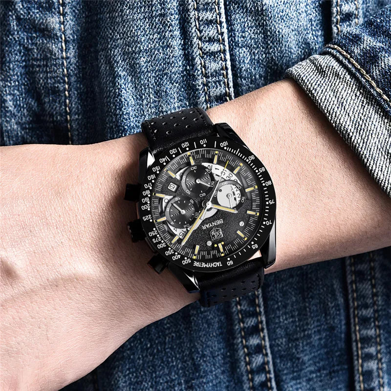 BENYAR Logo Watch 5120 Fashion Blue Genuine Leather Business Watches Men Wrist New Quartz Man Date Clock Relogio Masculino-5