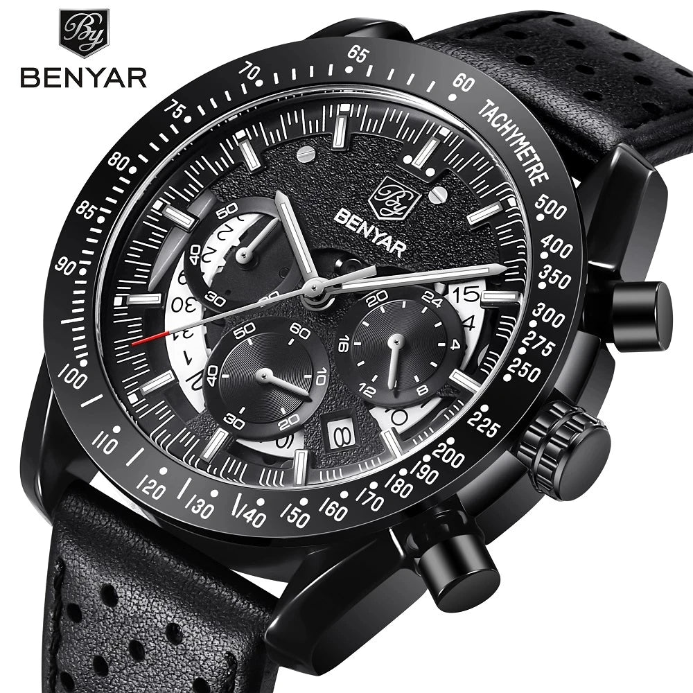 BENYAR Logo Watch 5120 Fashion Blue Genuine Leather Business Watches Men Wrist New Quartz Man Date Clock Relogio Masculino-1