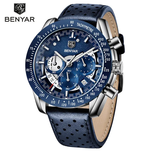 BENYAR Logo Watch 5120 Fashion Blue Genuine Leather Business Watches Men Wrist New Quartz Man Date Clock Relogio Masculino-3