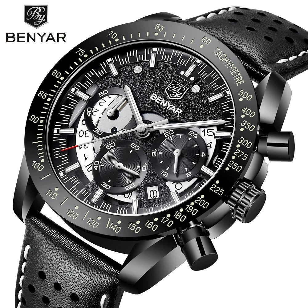 BENYAR Logo Watch 5120 Fashion Blue Genuine Leather Business Watches Men Wrist New Quartz Man Date Clock Relogio Masculino-2