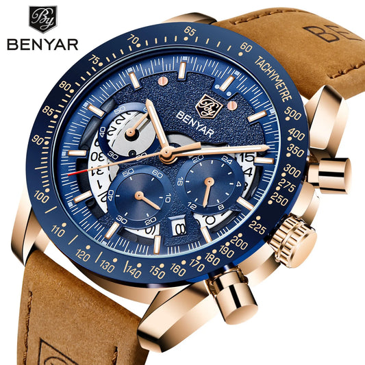 BENYAR Logo Watch 5120 Fashion Blue Genuine Leather Business Watches Men Wrist New Quartz Man Date Clock Relogio Masculino-10
