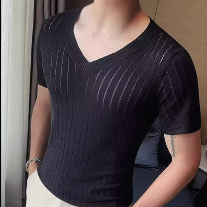 Men's Half Sleeve Hollow V-neck Slim-fit Short-sleeved