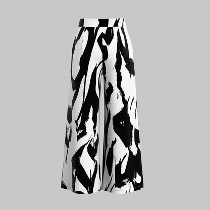 Women's High Waist Black And White Printed Fashionable Wide Leg Pants