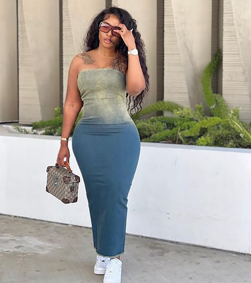 Gradient Tube Top Split Sheath Stretch Denim Skirt