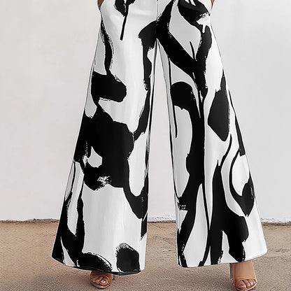Women's High Waist Black And White Printed Fashionable Wide Leg Pants