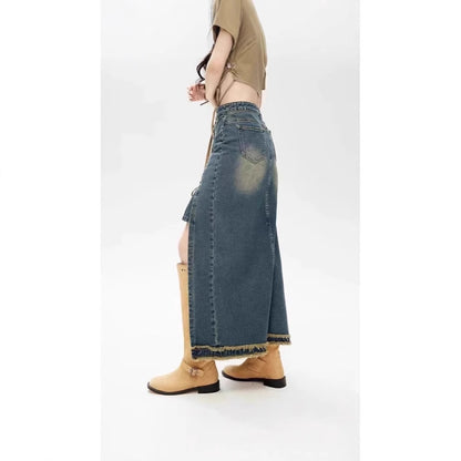 Women's Retro Lace Up High Waist Denim Skirt
