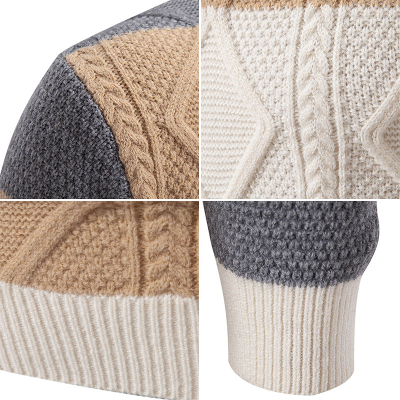 Fall Winter Men Color Matching Rhombus Twisted Sweater