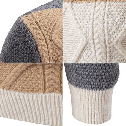 Fall Winter Men Color Matching Rhombus Twisted Sweater