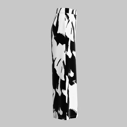 Women's High Waist Black And White Printed Fashionable Wide Leg Pants