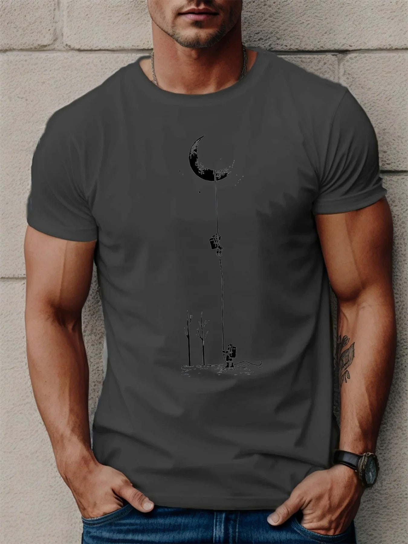 Astronaut Moon Moon Print Polyester T-shirt