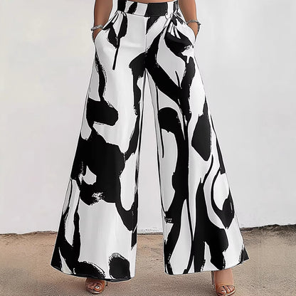 Women's High Waist Black And White Printed Fashionable Wide Leg Pants