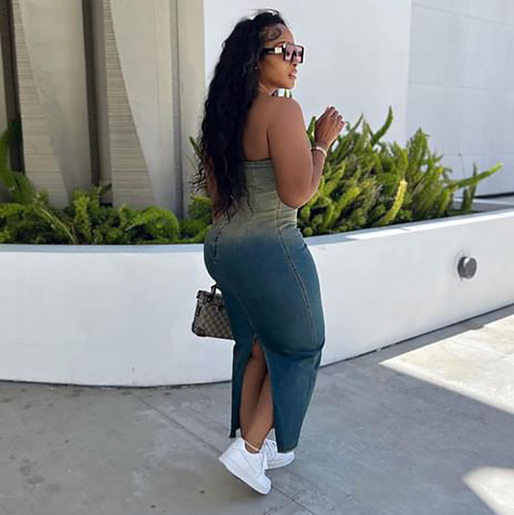 Gradient Tube Top Split Sheath Stretch Denim Skirt