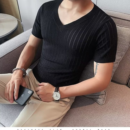 Men's Half Sleeve Hollow V-neck Slim-fit Short-sleeved
