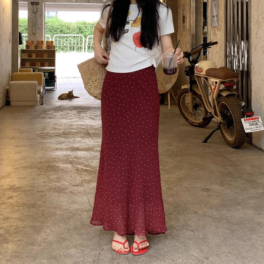 Polka Dot Chiffon Sheath High Waist Skirt Women's Fishtail Skirt