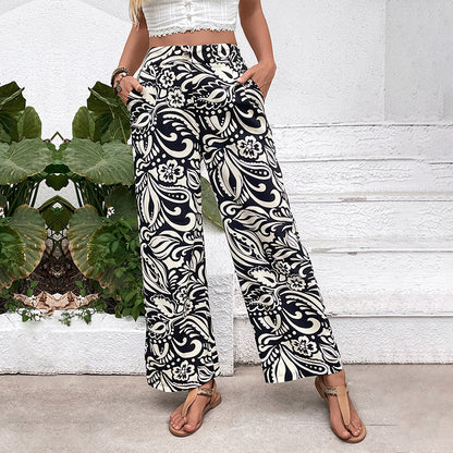 Floral Printed Trousers Women's High Waist Straight