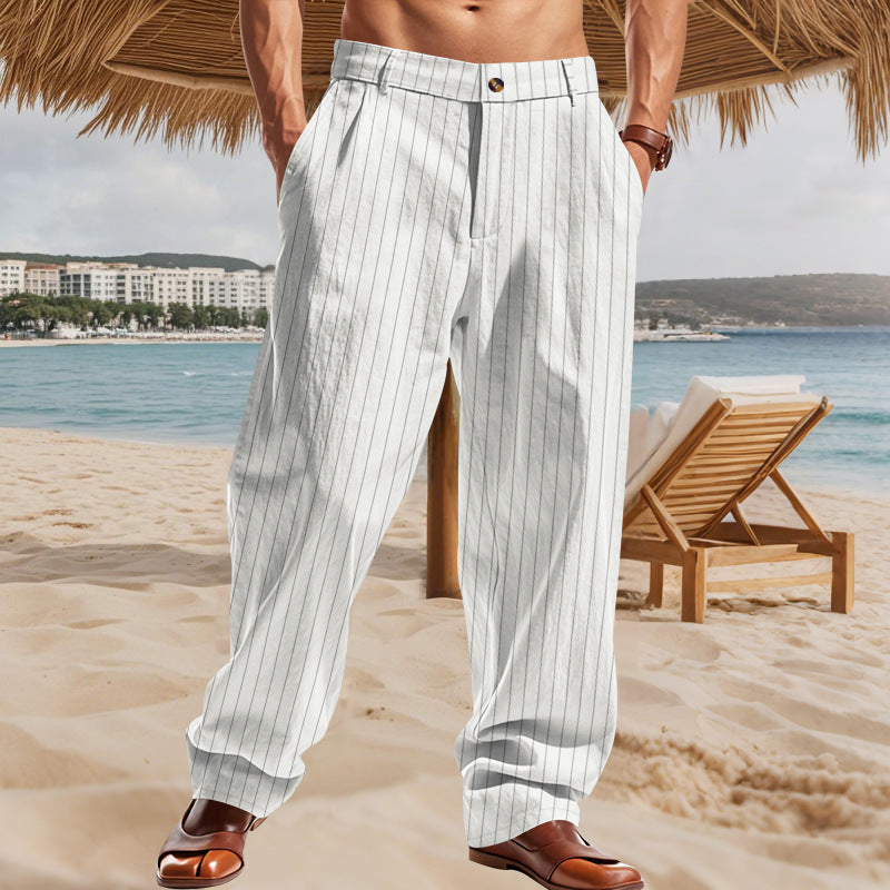 Linen Striped Suit Straight Loose Casual High Waist Wide Leg Pants