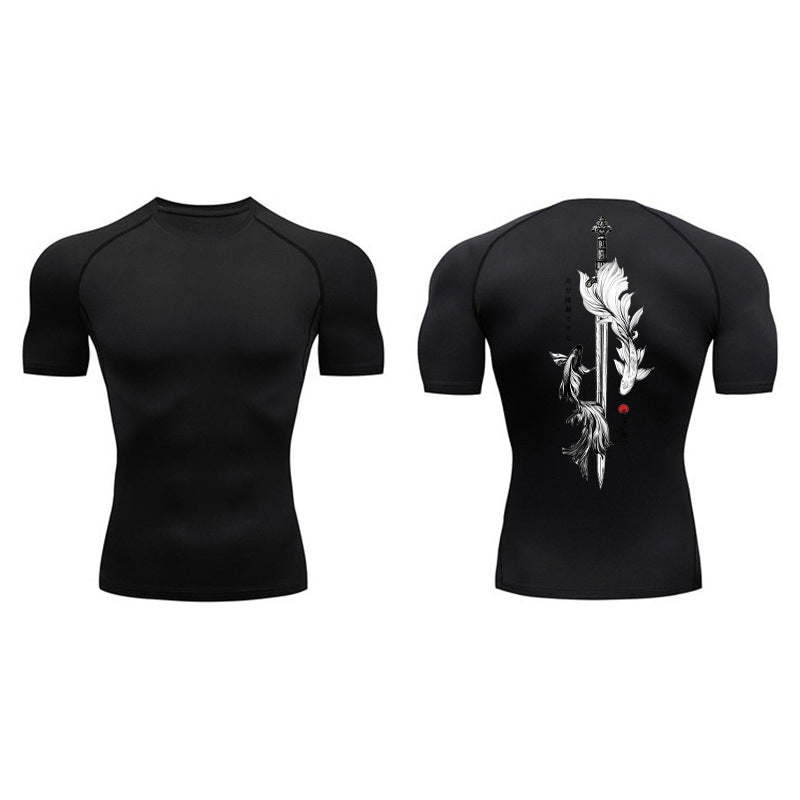 Sword Printed Short Sleeve Compression Shirt Summer Men