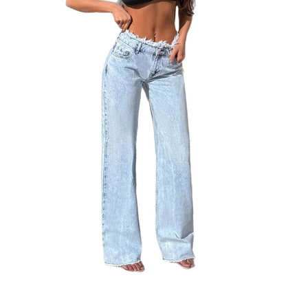 Raw Hem Jeans Women's High Waist Slimming Draping Baggy Pants Wide Leg Pants