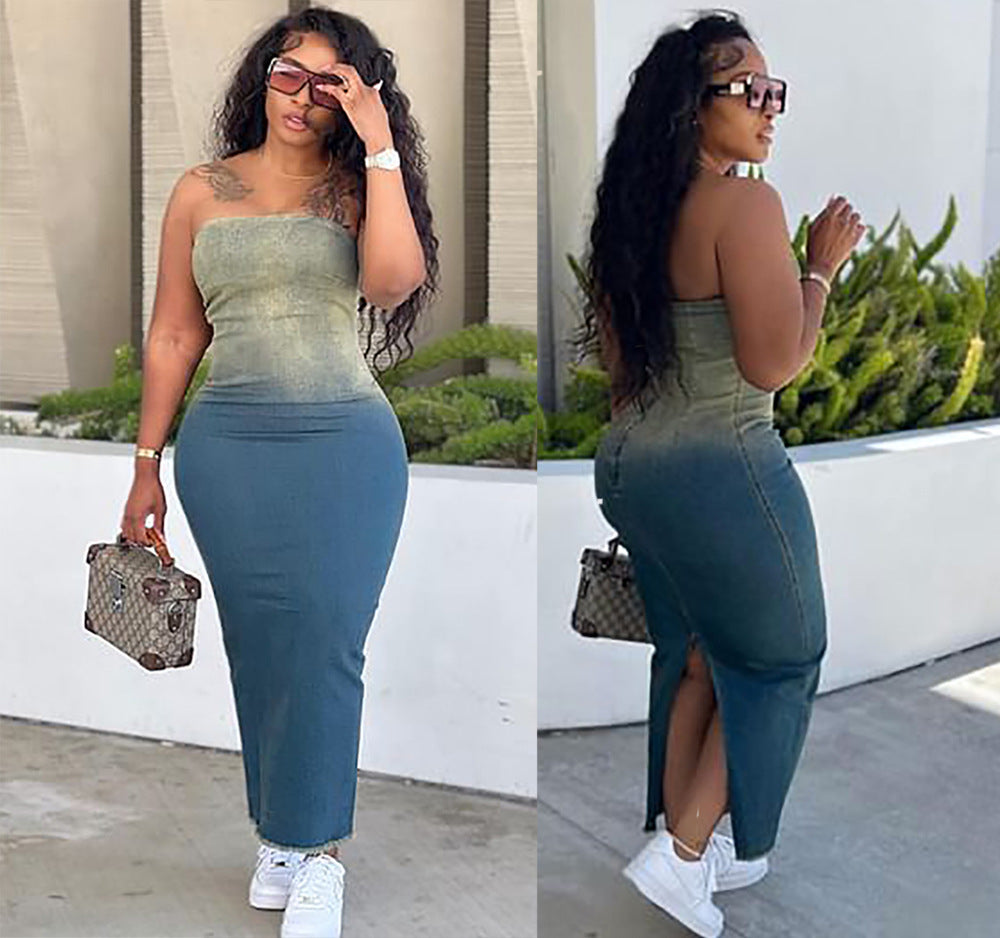 Gradient Tube Top Split Sheath Stretch Denim Skirt